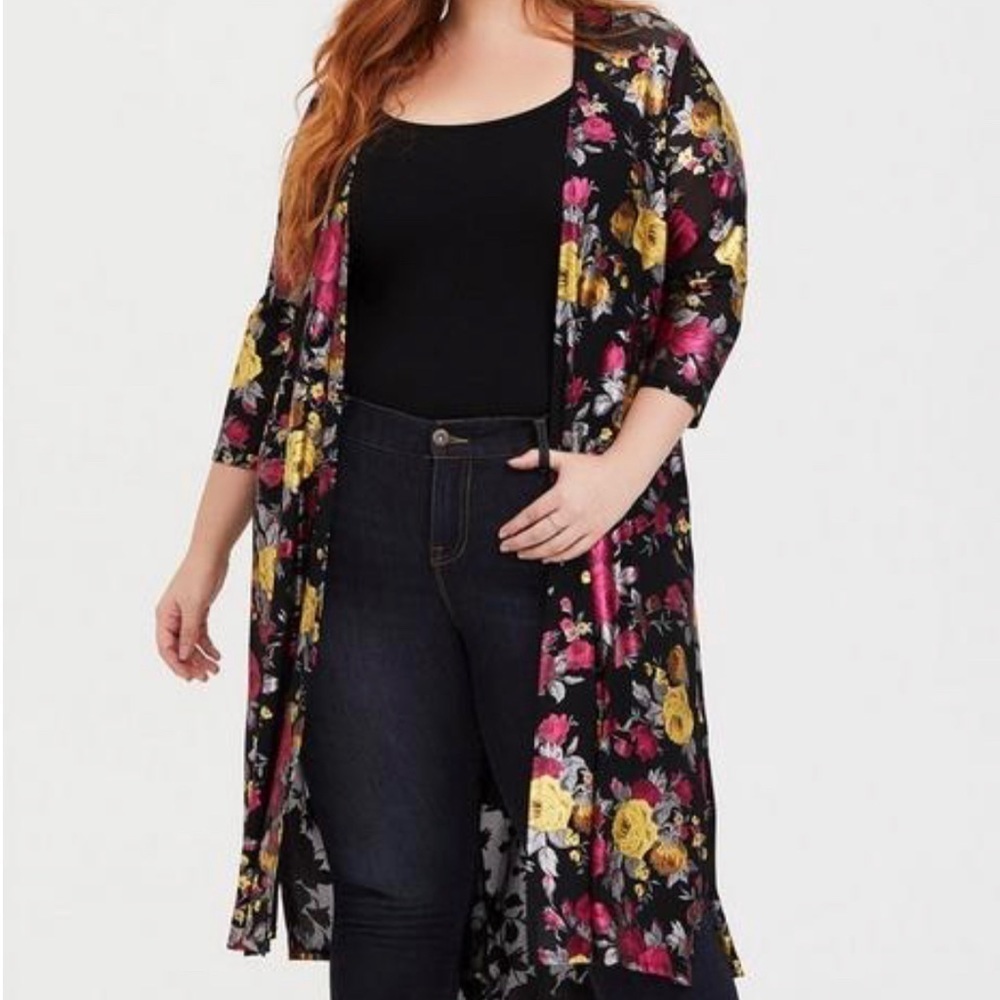 TORRID Mesh Duster Cardigan SZ 1/2 (1X/2X) Black Multicolor Floral Shimmer Slits